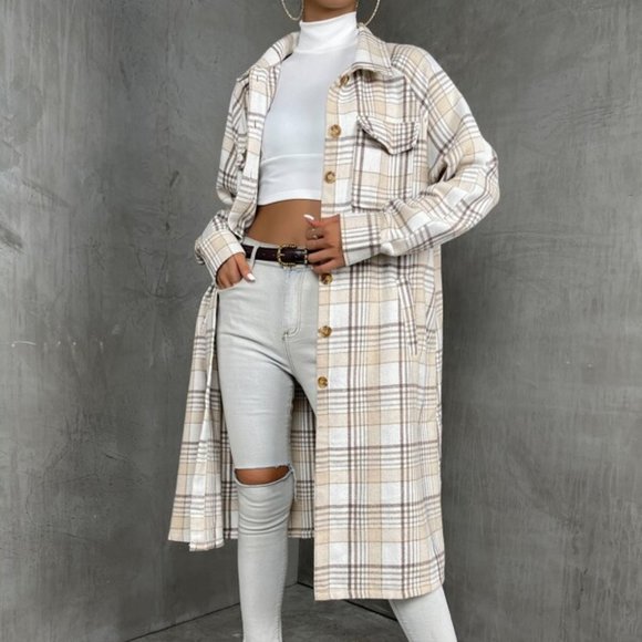 Plaid Print Long Casual Coat - Picture 2 of 6